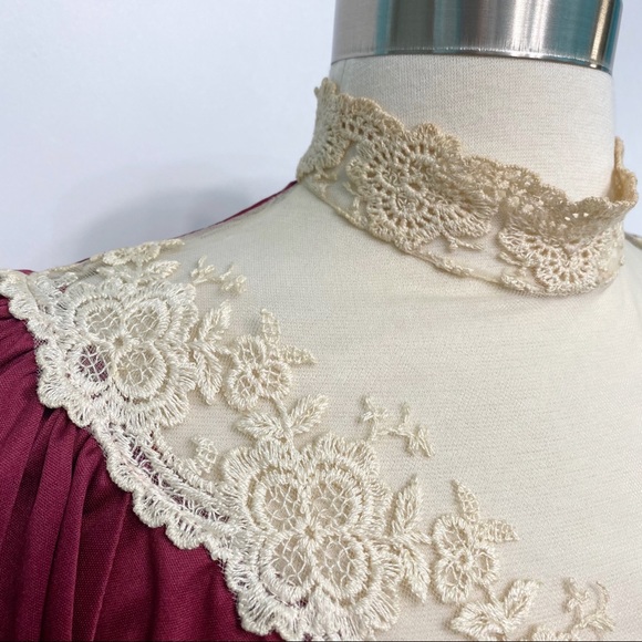vintage | burgundy satin victorian lace high collar puff sleeve midi dress m - Picture 12 of 14